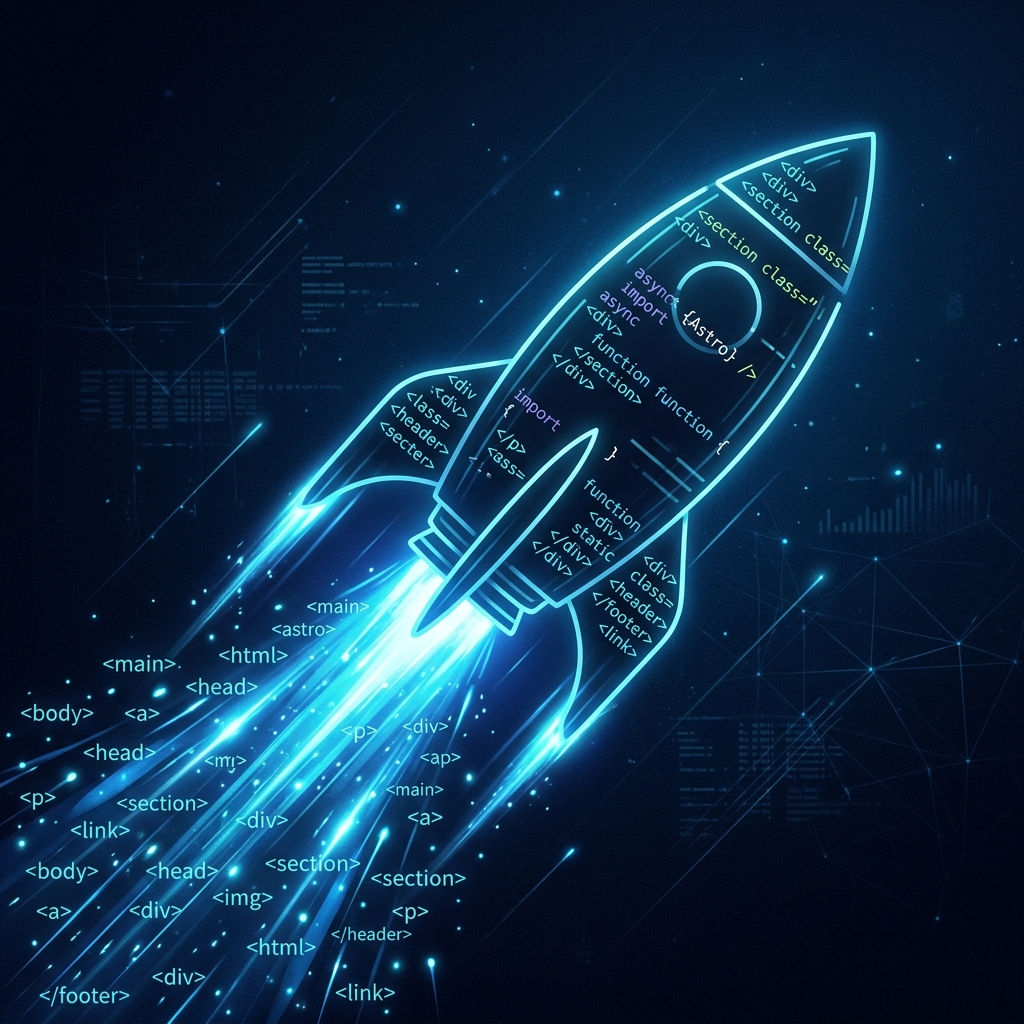 Minimalist rocket ship made of code lines launching upward with blue exhaust trails representing Astro framework speed