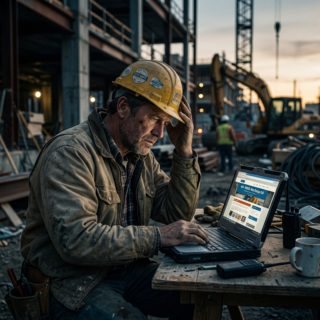 Construction contractor reviewing project plans at a job site highlighting common website design mistakes