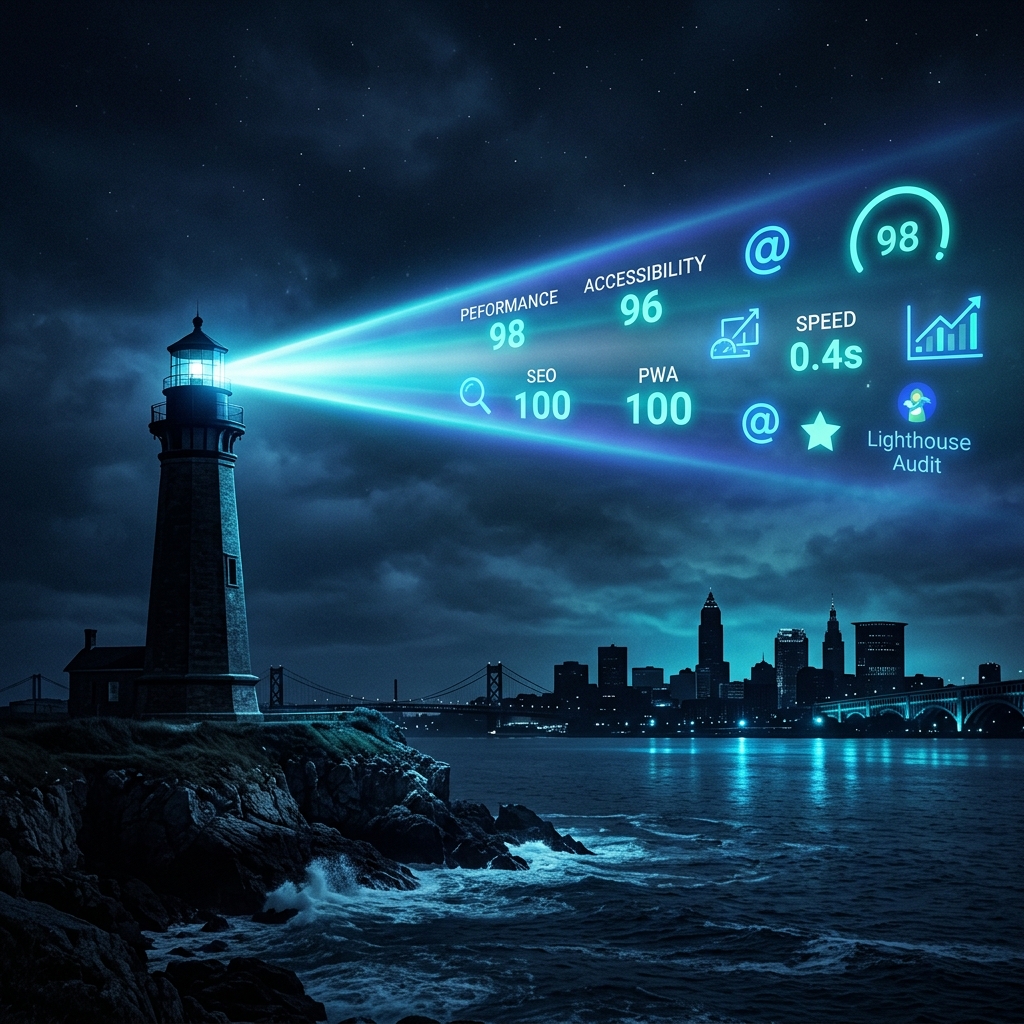 Lighthouse beam scanning a cityscape revealing website performance metrics for Central New York service businesses