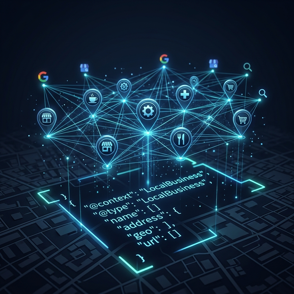 Network of connected business location pins over a dark map with JSON-LD structured data code visualization