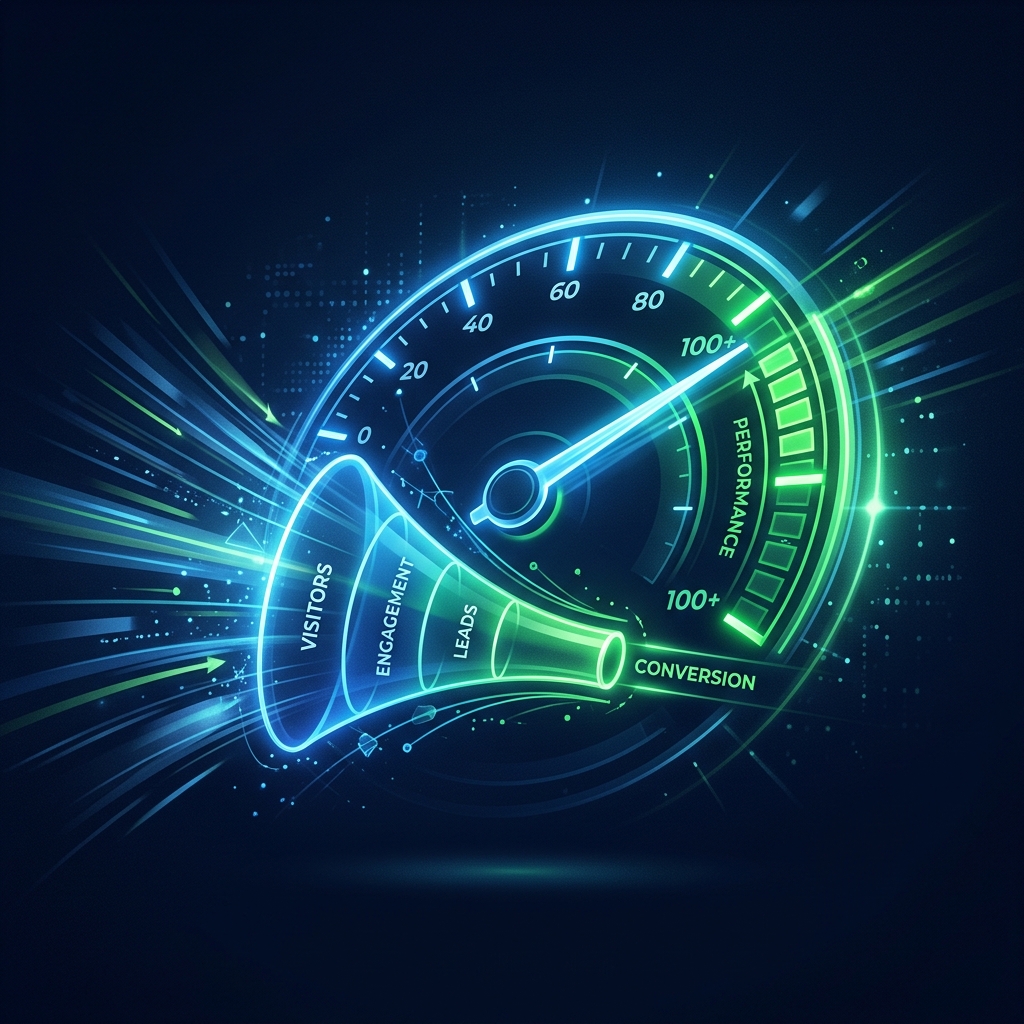 Speedometer gauge hitting green zone fused with website conversion funnel showing performance impact on leads